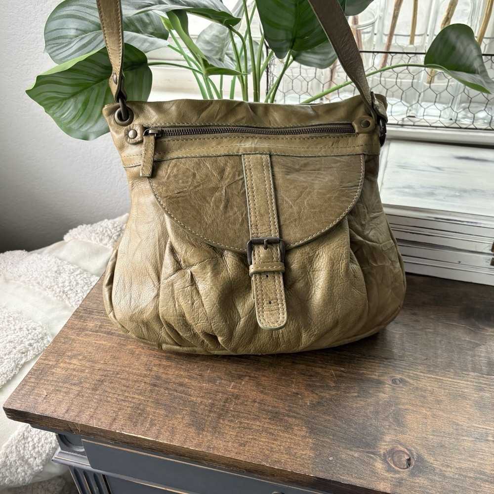 SUNDANCE CATALOG Khaki Leather Handbag Purse Made Italy Small Buckle Flap Sling